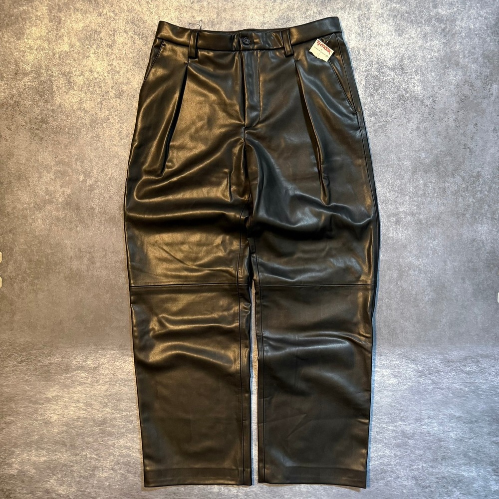 Zara Mens Faux Leather Pleated Trousers Black Size 32x30 NWT